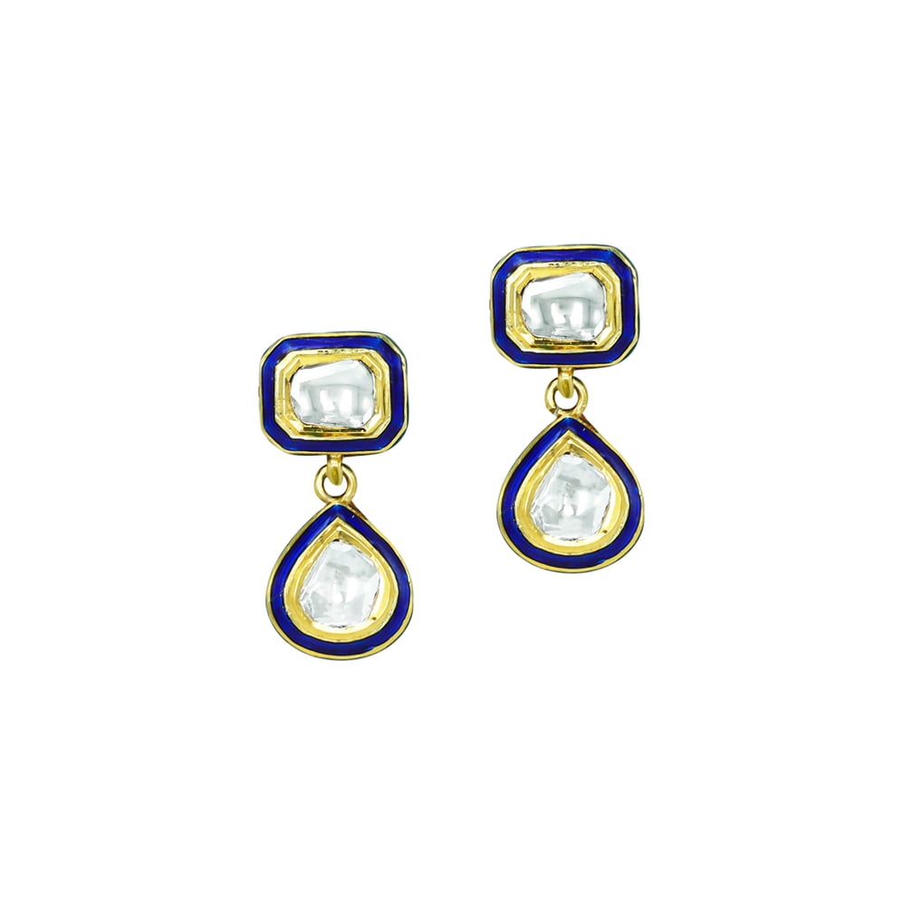 Square and Teardrop Polki Earrings with Blue Meena